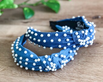 Cloth Headbands Tie For Women Top Knot Headband With Faux Pearls Denim. cloth headbands tie women top knot headband pearls - Temu  main image 2