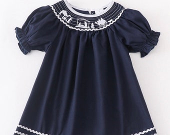 The Best Dressed Child Girls Navy Blue Smocked Nativity Waist Dress - Collar