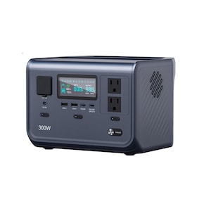 May include: A dark gray portable power station with a 300W label, featuring a digital display screen, two AC outlets, multiple USB-A and USB-C ports, a 12V DC port, and a circular power button. The unit has a textured side vent and a sleek finish.