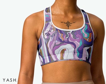 Sports Bra With Melting Woman Portrait Print, Yoga Top, Printed Sports Bra, Comfortable & Supporting Workout Top For Women