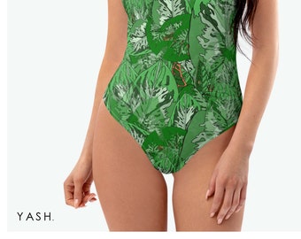 One-Piece Swimsuit, Bodysuit With All Over Jungle vibes Print, Basic Low Back Line Swimwear