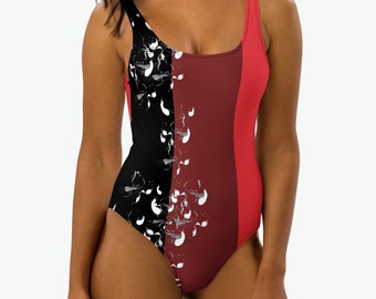 Zwempak uit één stuk, bodysuit met all-over print in donkere kleurblokken, basisbadkleding met lage ruglijn
