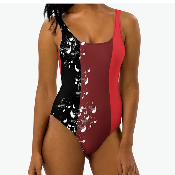 One-Piece Swimsuit, Bodysuit With All Over Dark Color Blocks Print, Basic Low Back Line Swimwear