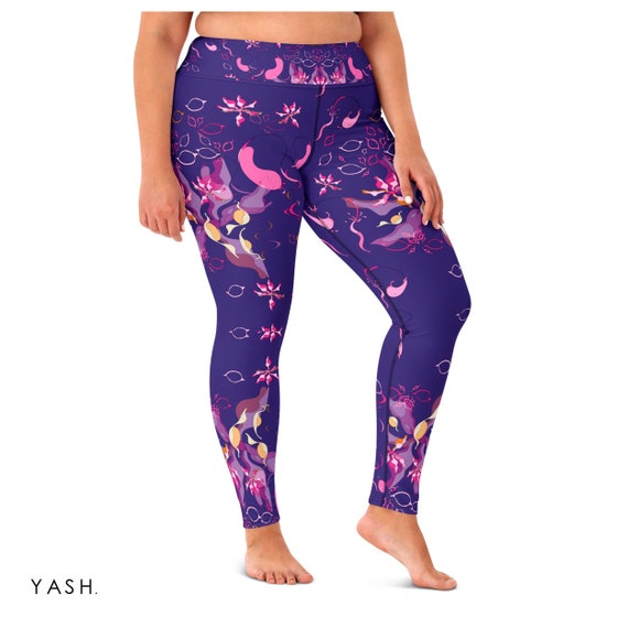 Purple Yoga Leggings, , Floral Pattern, Extra Large Size Leggings, Plus  Sized Printed Leggings, High rise Leggings 