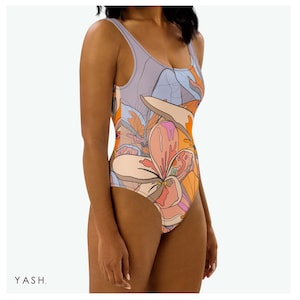 One-Piece Swimsuit, Bodysuit With All Over Golden Flowers Print, Basic Low Back Line Swimwear