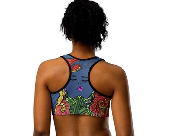 Sports Bra With The Blue Woman Portrait Print, Yoga Top, Printed Sports Bra, Comfortable & Supporting Workout Top For Women