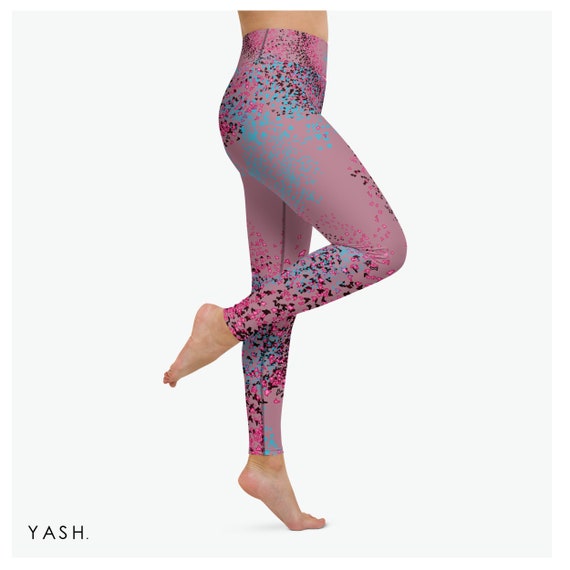 Long Yoga Leggings Neon Pink Printed Tights High Waisted High