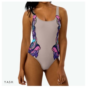 One-Piece Swimsuit, Bodysuit With All Over Melting Color Blocks Print, Basic Low Back Line Swimwear