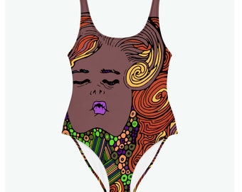 One-Piece Swimsuit, Bodysuit With All Over Women Portrait Brown Print, Basic Low Back Line Swimwear