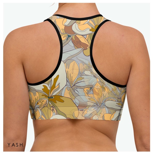 Sport BH mit silbernen Blumen Print, Yoga Top, Bedruckter Sport BH, bequemes & unterstützendes Workout Top für Frauen