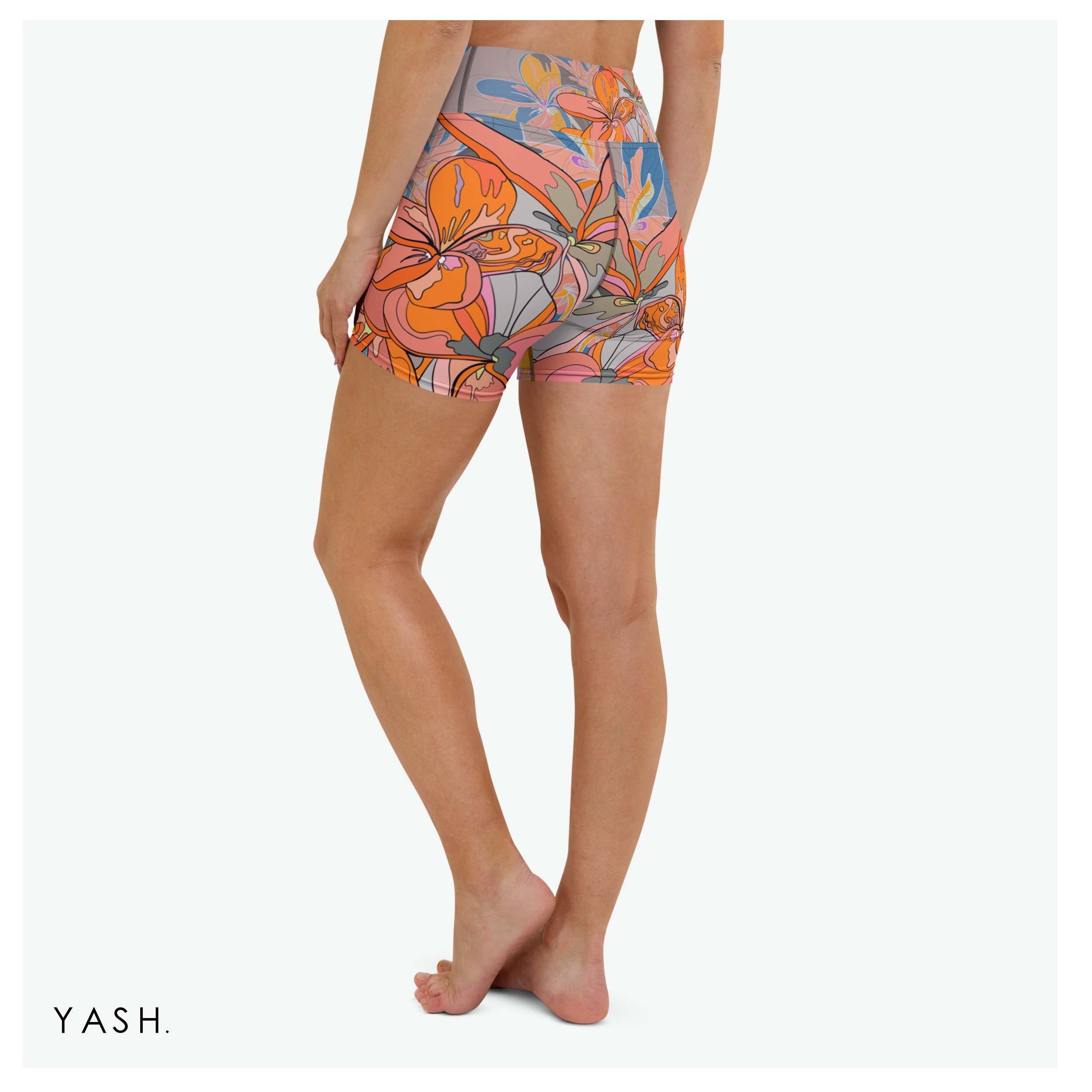 Yoga Short Leggings With Neon Flowers Print Athletic Shorts 