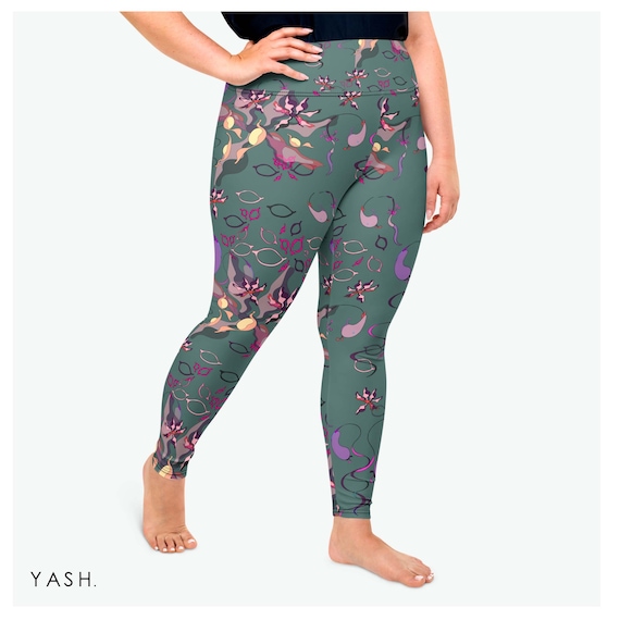 Dark Green Floral Print Plus Size Leggings, Extra Large Yoga Leggings With  High Waistband -  Canada