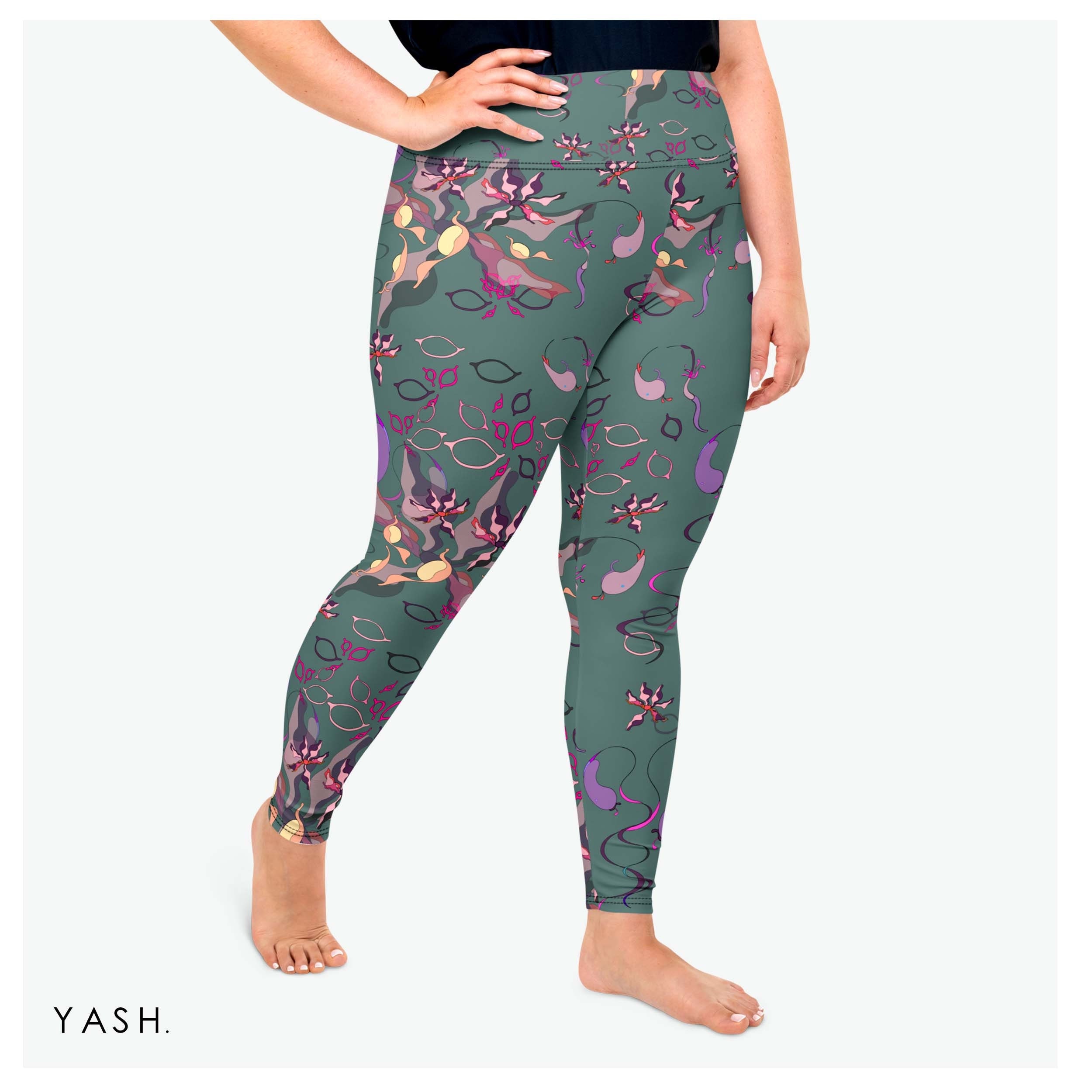 Dark Green Floral Print Plus Size Leggings Extra Large Yoga