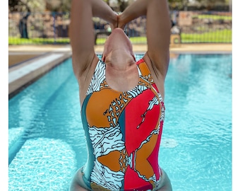 One-Piece Swimsuit, Bodysuit With All Over Orange LB Print, Basic Low Back Line Swimwear