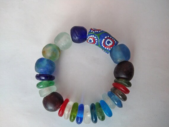 with free bag 6 inches Chunky recycled glass Krobo Ghana bracelet with focal tube bead