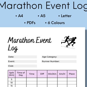 Marathon Tracker Printable, Running Log, Race Log For Marathon, Marathon Event Diary, Digital Download