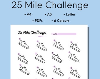 25 Mile Challenge Imprimible, Running Or Walking Challenge Tracker, Impresiones de fitness, Descarga digital