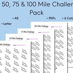 May include: Printable mileage tracker sheets for a 25, 50, 75, and 100 mile challenge. The sheets feature a running shoe icon for each mile. The sheets are available in six colours and in A4, A5, and Letter sizes.
