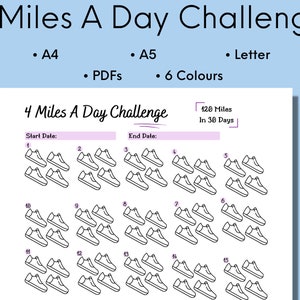 4 Miles A Day Challenge, 30 Day Tracker Printable, 4 Miles A Day Walking Or Running Challenge, Digital Download