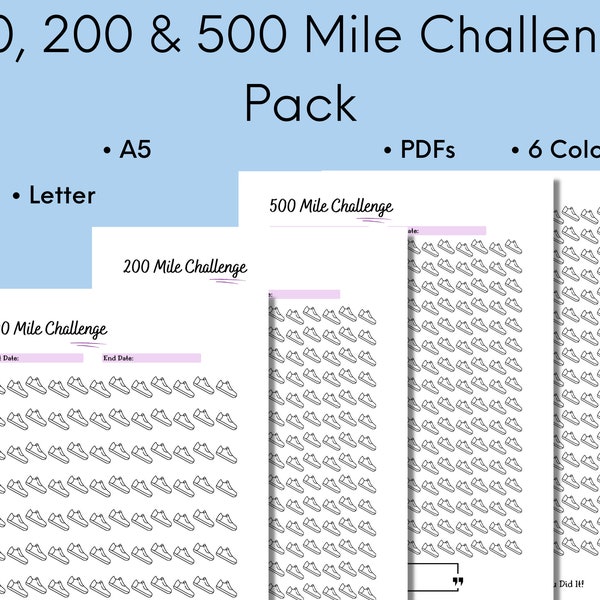 Mile Challenge Pack Printable, Running Or Walking Challenge Tracker, Walk Or Run 100 Miles To 500 Miles, Digital Download