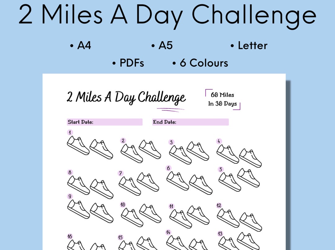 2 Miles A Day Challenge, 30 Day Tracker Printable, 2 Miles A Day ...