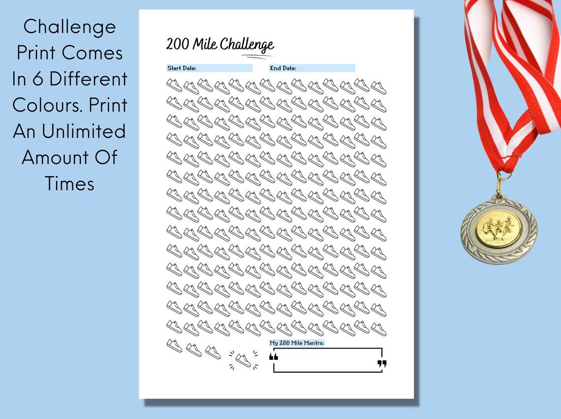 200 Mile Challenge Printable, Walking or Running Challenge Tracker ...