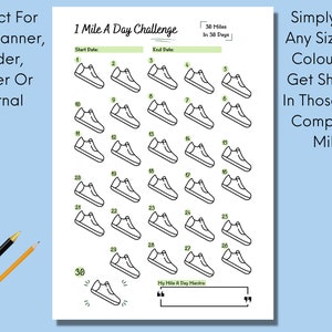 May include: A printable 1 Mile A Day Challenge tracker with 30 black and white sneakers to color in as you complete each mile. The tracker is designed to help you complete 38 miles in 30 days. The text "1 Mile A Day Challenge" is at the top of the page. The text "38 Miles in 30 Days" is in a box at the top right corner of the page. The text "Start Date" and "End Date" are at the top of the page. The text "My Mile A Day Mantra" is at the bottom of the page. The text "Simply Print Any Size And Colour And Get Shading In Those Daily Completed Miles" is on the right side of the page.