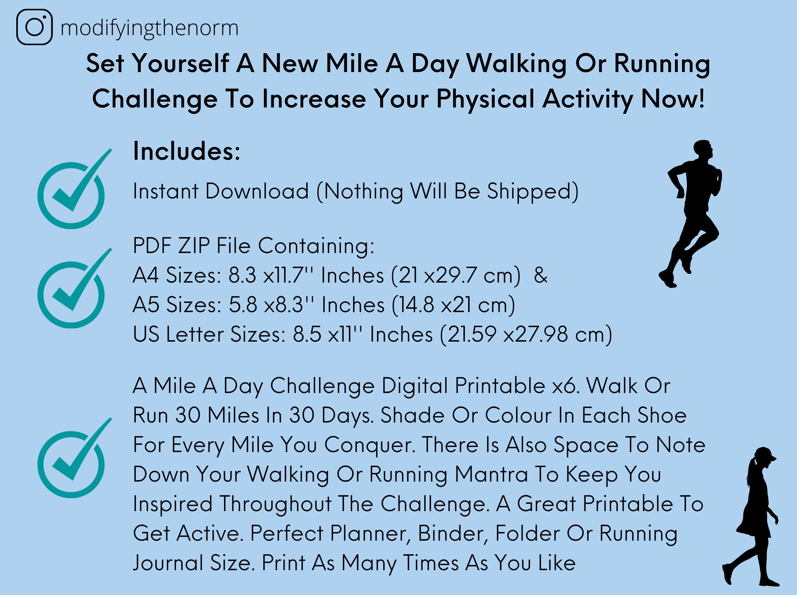 1 Mile A Day Challenge, 30 Day Tracker Printable, 1 Mile A Day Walking or Running Challenge