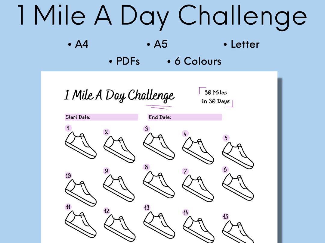 1 Mile A Day Challenge, 30 Day Tracker Printable, 1 Mile A Day Walking or Running Challenge