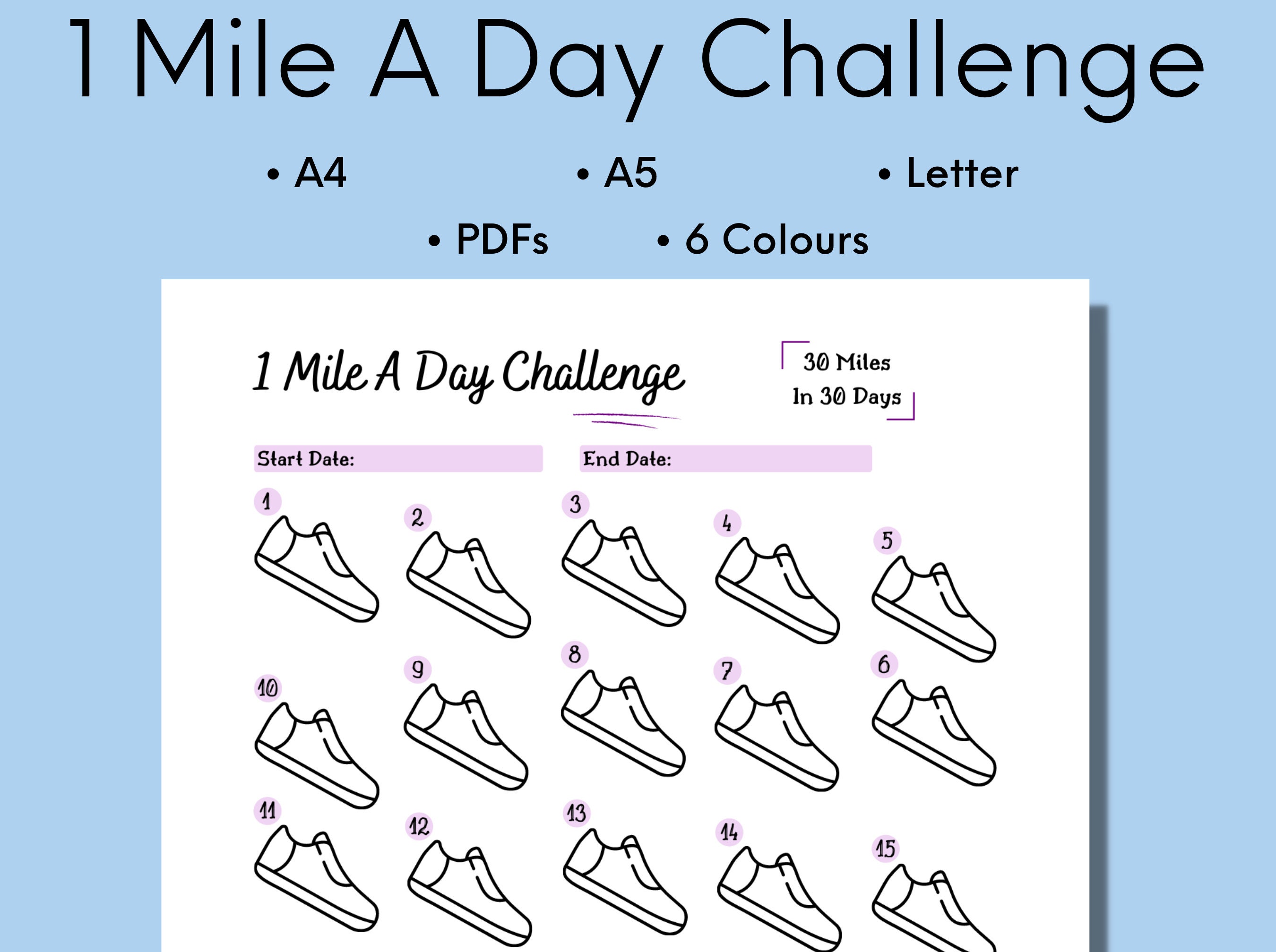 1 Mile A Day Challenge, 30 Day Tracker Printable, 1 Mile A Day Walking or Running  Challenge, Digital Download 