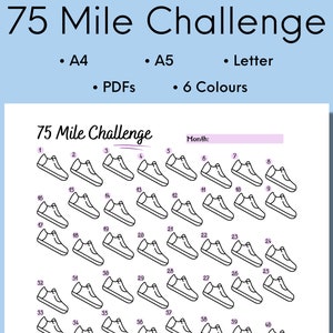 May include: A printable 75-mile challenge tracker featuring a design of 40 sneakers in a grid pattern. The tracker is labeled "75 Mile Challenge" and includes a space to write the month.