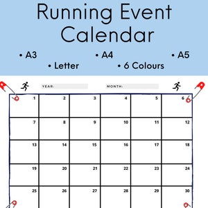 Calendario de eventos de carrera, Organizador de carreras, Diario mensual, Planificador para corredores, Regalo de maratón, Descarga digital