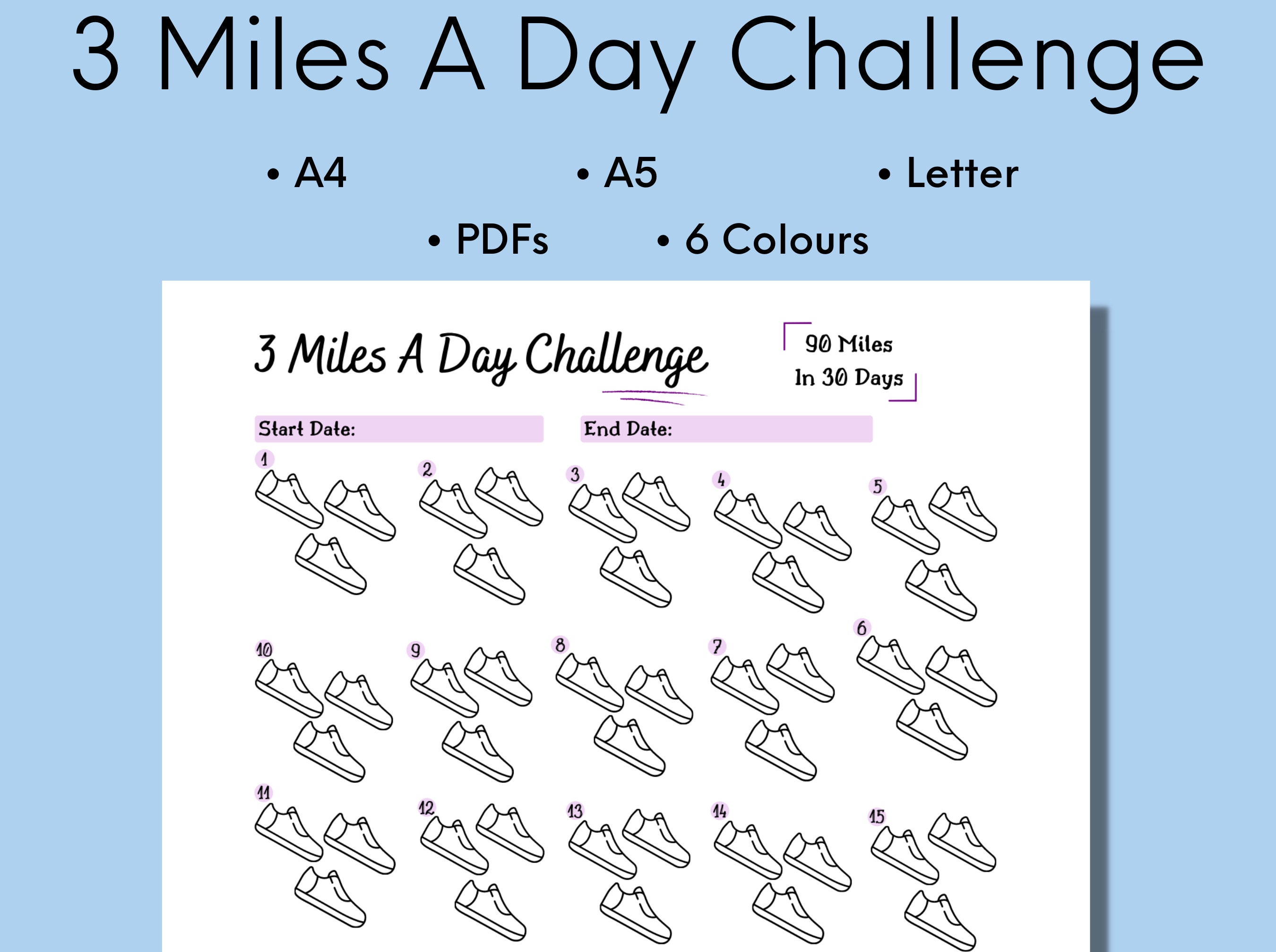 3 Miles A Day Challenge, 30 Day Tracker Printable, 3 Miles A Day Walking or Running Challenge
