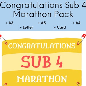 Puede incluir: Una tarjeta blanca con el texto "Congratulations Sub 4 Marathon Pack" en rojo y blanco, sujeta con imperdibles rojos. La tarjeta es amarilla con un fondo azul claro. Incluye tamaños A3, A5, A4, Carta y Tarjeta.