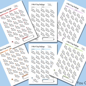 May include: Six printable 1 Mile A Day Challenge trackers. Each tracker features a different color scheme with a sneaker graphic for each day of the month. The trackers are designed to help you stay motivated and track your progress.