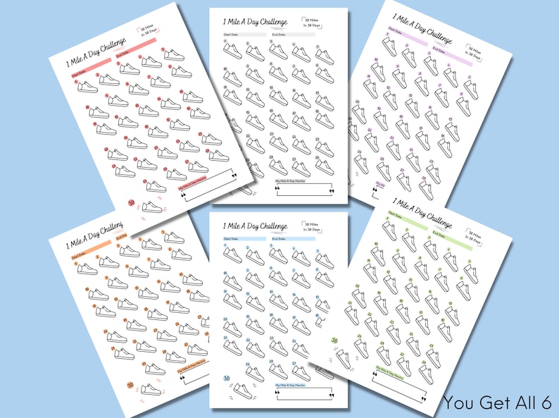May include: Six printable 1 Mile A Day Challenge trackers. Each tracker features a different color scheme with a sneaker graphic for each day of the month. The trackers are designed to help you stay motivated and track your progress.