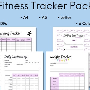 Può includere: Un pacchetto di tracciamento del fitness stampabile con sei diverse opzioni di colore. Il pacchetto include un tracker per la corsa, un registro di allenamento giornaliero, un tracker di passi di 30 giorni e un tracker di peso.