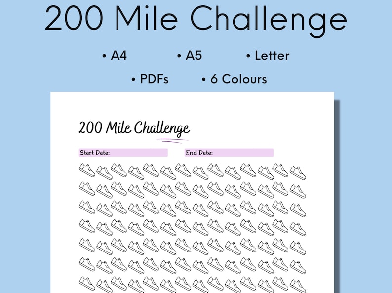 200 Mile Challenge Printable, Walking or Running Challenge Tracker ...
