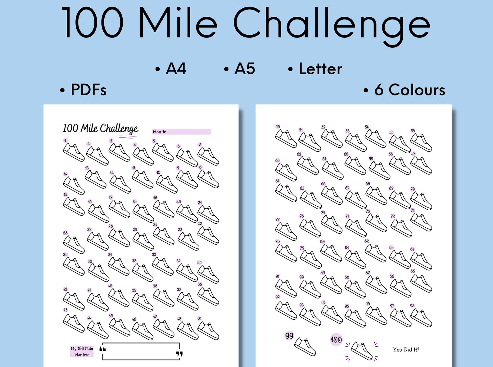 100 Mile Challenge Printable, Walking or Running Challenge Tracker