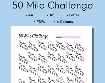 50 Mile Challenge Imprimible, Running Or Walking Challenge Tracker, Impresiones de fitness, Descarga digital