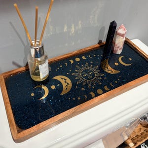 Large Handmade Celestial Moon Phase Tray, Midnight Blue 32cm