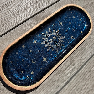 Deep Sapphire Blue Glitter celestial Sun Moon Trinket Tray 27cm