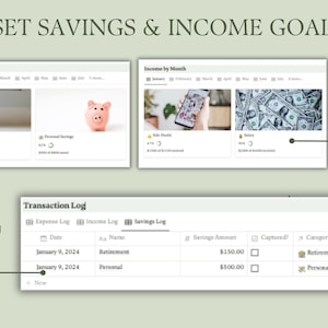 K&ouml;nnte beinhalten: Ein Screenshot einer Website mit hellgr&uuml;nem Hintergrund. Die Website soll Benutzern helfen, ihre Einnahmen und Ersparnisse zu verfolgen. Die Website hat einen Bereich zum Setzen von Zielen, einen Bereich zum Verfolgen von Transaktionen und einen Bereich zum Anzeigen von Ersparnissen nach Monaten. Die Website hat auch einen Bereich zum Anzeigen von Einnahmen nach Monaten. Die Website ist benutzerfreundlich und einfach zu bedienen.