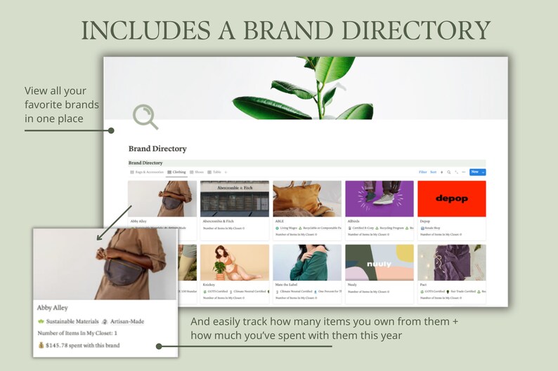 K&ouml;nnte beinhalten: Ein Screenshot einer Website, die eine Markenverzeichnis-Funktion zeigt. Das Verzeichnis listet verschiedene Marken auf, darunter Abby Alley, Abercrombie & Fitch, Aerie, Allbirds und Depop. Die Website erm&ouml;glicht es Benutzern, zu verfolgen, wie viele Artikel sie von jeder Marke besitzen und wie viel sie daf&uuml;r ausgegeben haben.