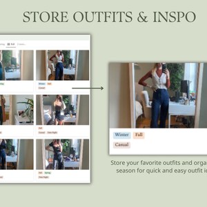 K&ouml;nnte beinhalten: Ein Screenshot einer Website-Oberfl&auml;che, die ein Raster mit Bildern von Outfits zeigt. Die Website erm&ouml;glicht es Benutzern, ihre Lieblingsoutfits zu speichern und nach Jahreszeit zu organisieren. Der Text "Meine Outfits" befindet sich oben im Raster. Der Text "Speichern Sie Ihre Lieblingsoutfits und organisieren Sie sie nach Jahreszeit f&uuml;r schnelle und einfache Outfit-Ideen!" befindet sich unter dem Raster.