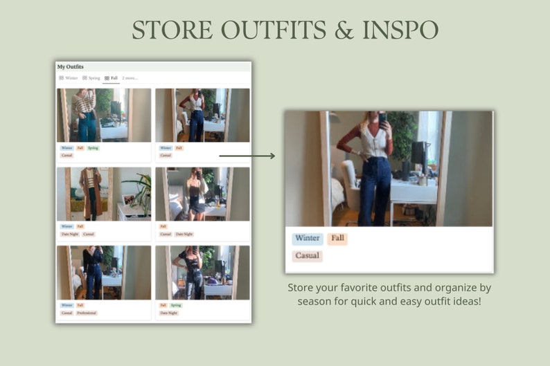 K&ouml;nnte beinhalten: Ein Screenshot einer Website-Oberfl&auml;che, die ein Raster mit Bildern von Outfits zeigt. Die Website erm&ouml;glicht es Benutzern, ihre Lieblingsoutfits zu speichern und nach Jahreszeit zu organisieren. Der Text "Meine Outfits" befindet sich oben im Raster. Der Text "Speichern Sie Ihre Lieblingsoutfits und organisieren Sie sie nach Jahreszeit f&uuml;r schnelle und einfache Outfit-Ideen!" befindet sich unter dem Raster.