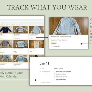 K&ouml;nnte beinhalten: Ein Screenshot einer Website-Oberfl&auml;che zum Verfolgen von Kleidungsoutfits. Die Website hat einen Abschnitt namens "My Closet" mit einem Raster von Bildern verschiedener Pullover. Die Website hat auch eine Kalender-Oberfl&auml;che zum Protokollieren t&auml;glicher Outfits. Der Text "TRACK WHAT YOU WEAR" befindet sich oben im Bild.