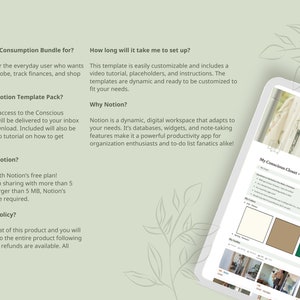K&ouml;nnte beinhalten: Ein Screenshot einer Webseite mit gr&uuml;nem Hintergrund und einem wei&szlig;en Textfeld. Das Textfeld enth&auml;lt eine Liste h&auml;ufig gestellter Fragen zu einem Bundle f&uuml;r bewussten Konsum. Das Textfeld enth&auml;lt auch einen Screenshot einer Notion-Seite mit einer Vorlage zur Nachverfolgung der Garderobe.