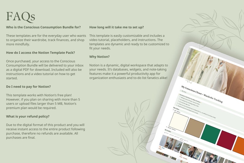 K&ouml;nnte beinhalten: Ein Screenshot einer Webseite mit gr&uuml;nem Hintergrund und einem wei&szlig;en Textfeld. Das Textfeld enth&auml;lt eine Liste h&auml;ufig gestellter Fragen zu einem Bundle f&uuml;r bewussten Konsum. Das Textfeld enth&auml;lt auch einen Screenshot einer Notion-Seite mit einer Vorlage zur Nachverfolgung der Garderobe.
