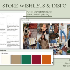 K&ouml;nnte beinhalten: Ein digitaler Planer mit einer Checkliste mit dem Titel "Wishlist" und einem Moodboard f&uuml;r Herbst- und Wintermode. Das Moodboard enth&auml;lt eine Collage von Bildern von Frauen, die verschiedene Outfits in verschiedenen Braunt&ouml;nen, Beige, Gr&uuml;n und Rot tragen. Der Planer enth&auml;lt auch eine Farbpalette mit f&uuml;nf Farbmustern: Wei&szlig;, Beige, Gr&uuml;n, Burgunderrot und Orange.
